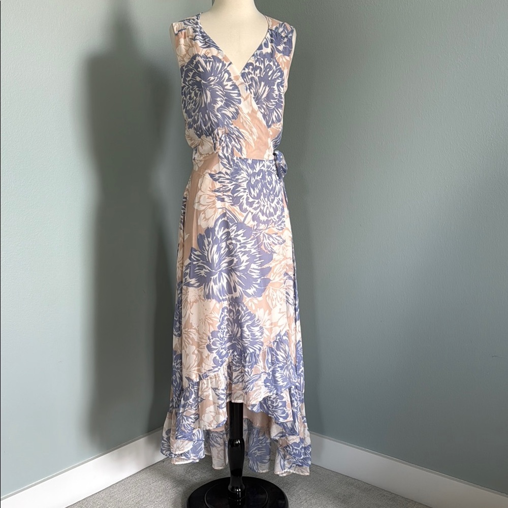 Lulu's Blue and Cream/Blush Asymmetrical Floral Wrap Maxi Dress